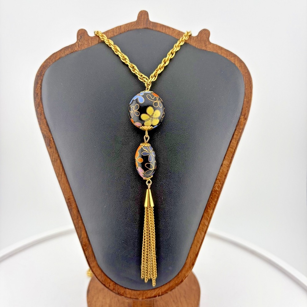 Vintage Cloisonne Enamel Floral Bead Tassel Necklace Long Gold Tone Chain‎ 26" - Picture 10 of 10